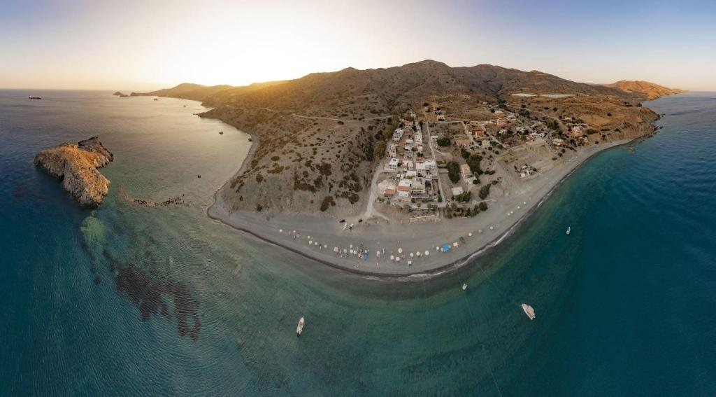 An image from a drone showing the beach in front of the apartment